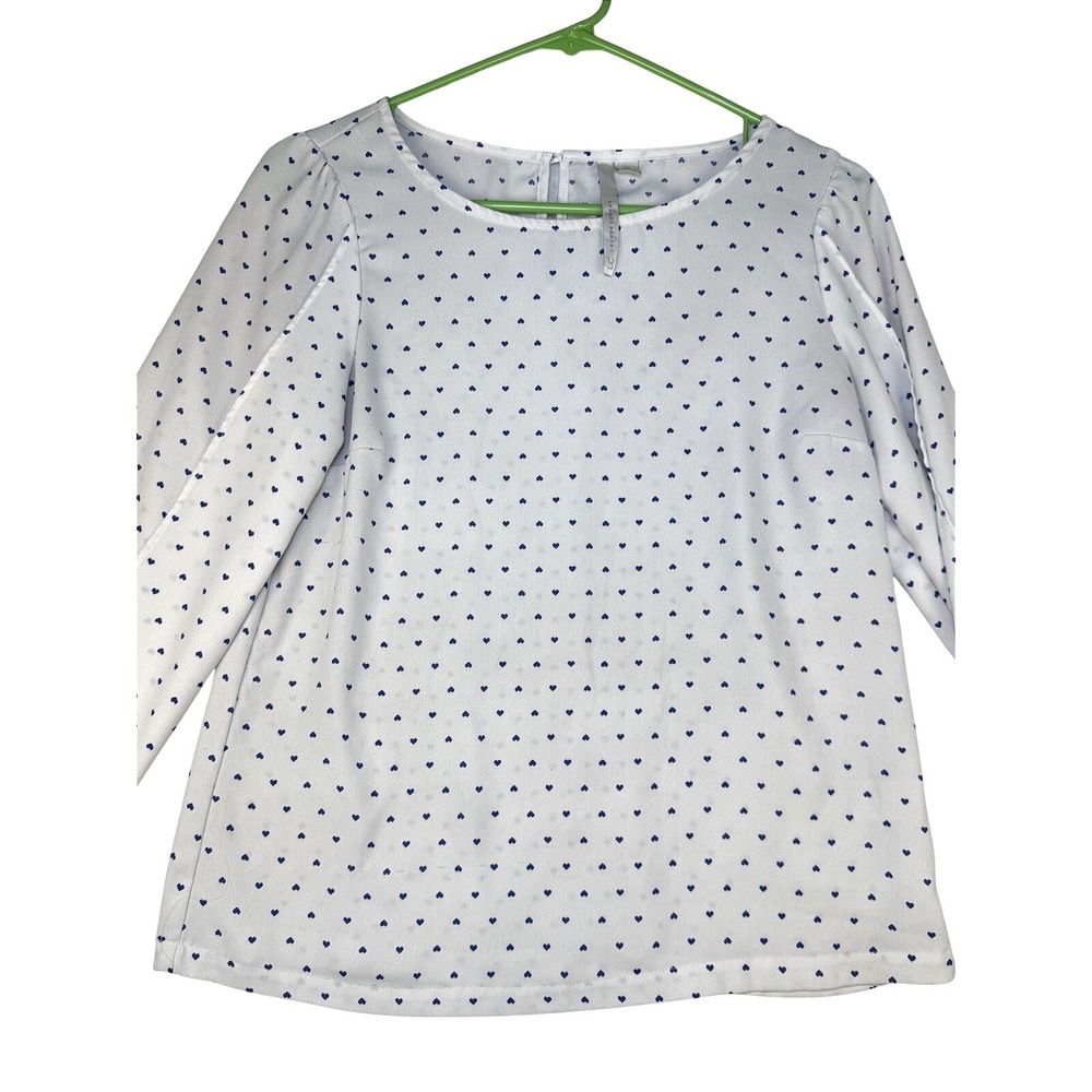 LC‎ Lauren Conrad Womens XS White Blue Heart Print Long Sleeve Blouse